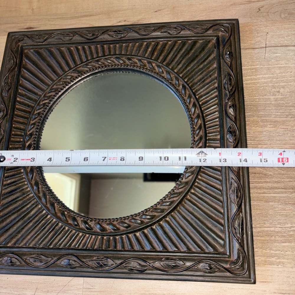 Square Dark Wood Sunburst Wall Mirror Ornate Leaf Vine Frame 14x14 Round Center - Picture 5 of 12